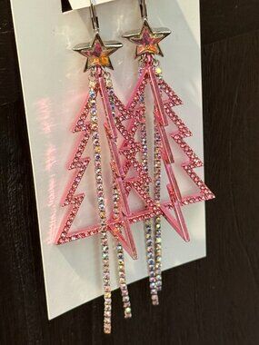 Betsey Johnson Pink Holiday Christmas Tree Rhinestone Fringe Drop Earrings NWT